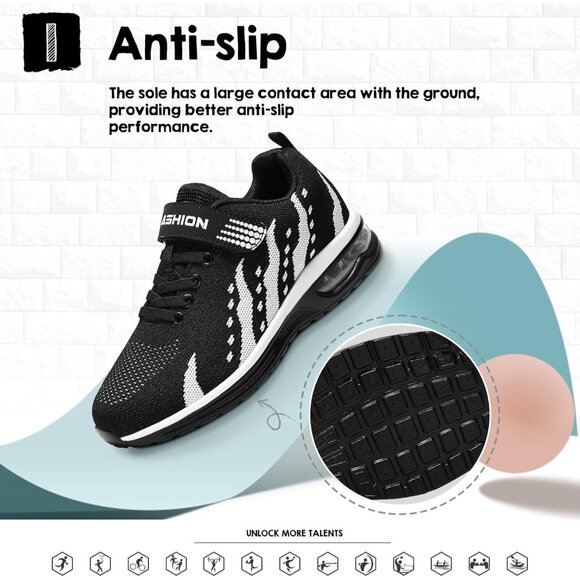 Kids 3208-black White Running Breathable Lightweight NonSlip Comfortable Sneaker - Picture 5 of 7